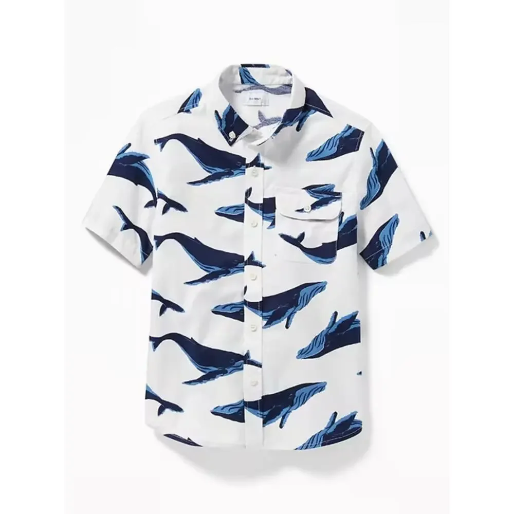 Boys Old Navy Classic‎ Built-In Flex Oxford Shirt Whales L 10 12 Blue Nautical